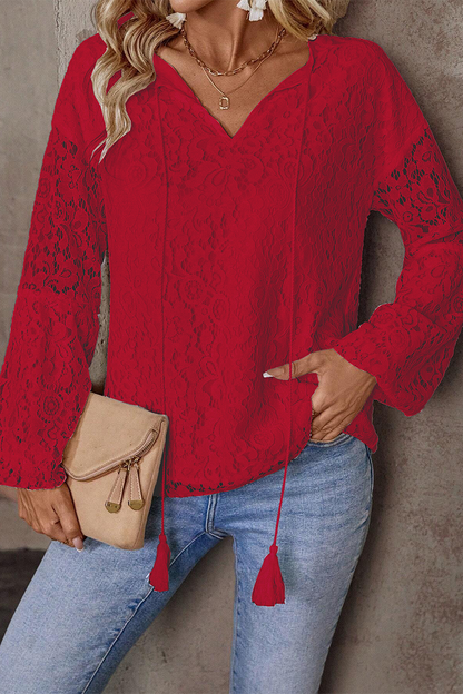 Blusa informal de color liso con encaje y flecos, cuello en V calado (4 colores)