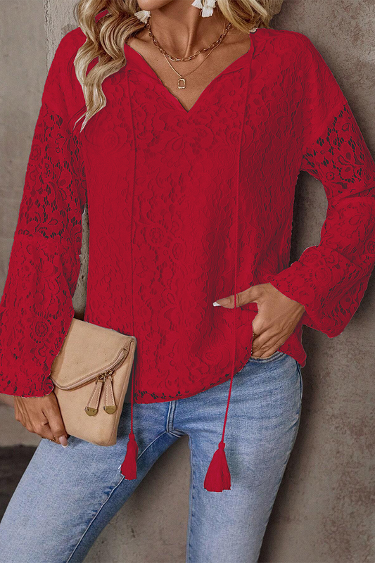 Blusa informal de color liso con encaje y flecos, cuello en V calado (4 colores)