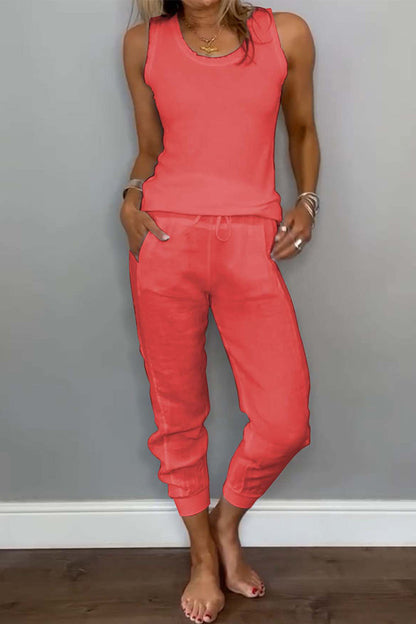 Conjunto informal de dos piezas para uso diario, color liso, con cordón, bolsillo, cuello en U, sin mangas (6 colores)