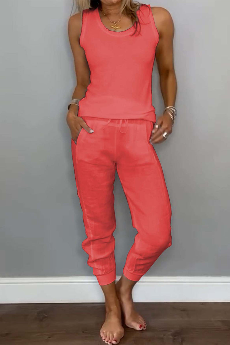 Casual Daily Solid Color Draw String Pocket Lace Up U Neck Sleeveless Two Pieces(6 Colors)