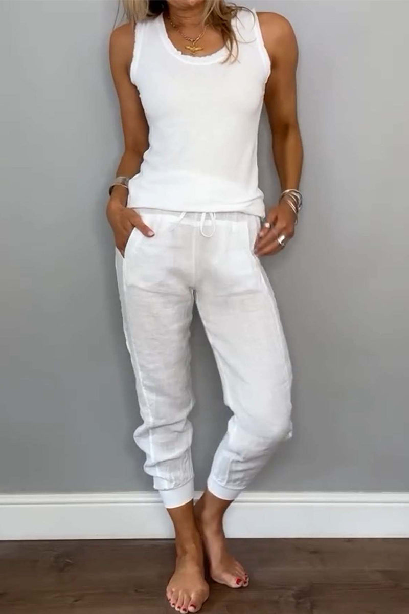 Conjunto informal de dos piezas para uso diario, color liso, con cordón, bolsillo, cuello en U, sin mangas (6 colores)