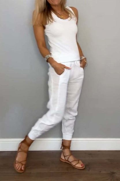 Casual Daily Solid Color Draw String Pocket Lace Up U Neck Sleeveless Two Pieces(6 Colors)