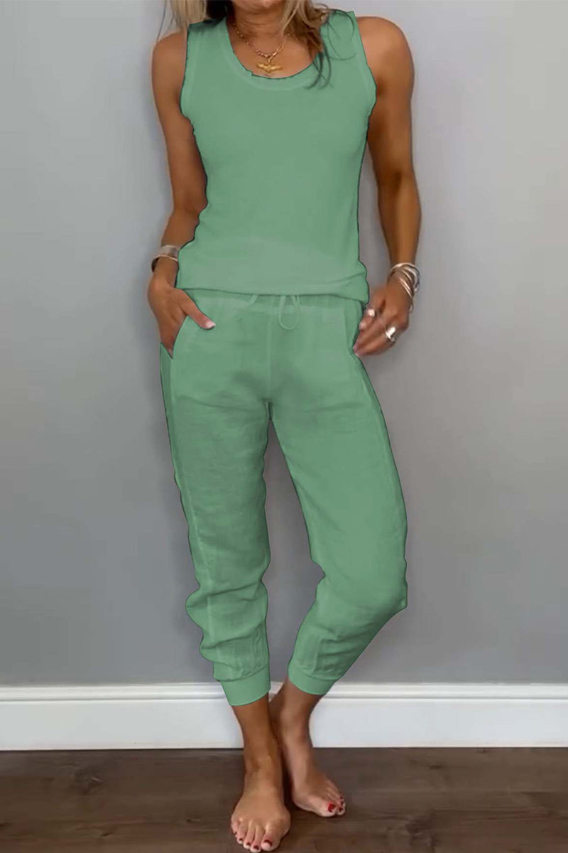 Casual Daily Solid Color Draw String Pocket Lace Up U Neck Sleeveless Two Pieces(6 Colors)