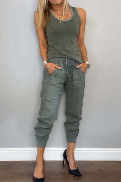 Conjunto informal de dos piezas para uso diario, color liso, con cordón, bolsillo, cuello en U, sin mangas (6 colores)