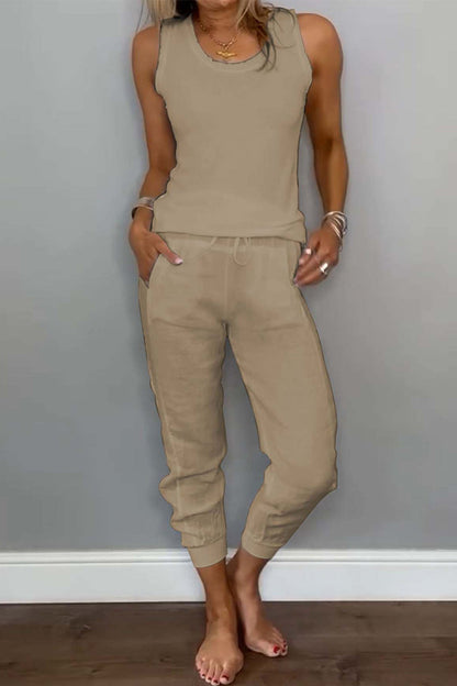 Conjunto informal de dos piezas para uso diario, color liso, con cordón, bolsillo, cuello en U, sin mangas (6 colores)