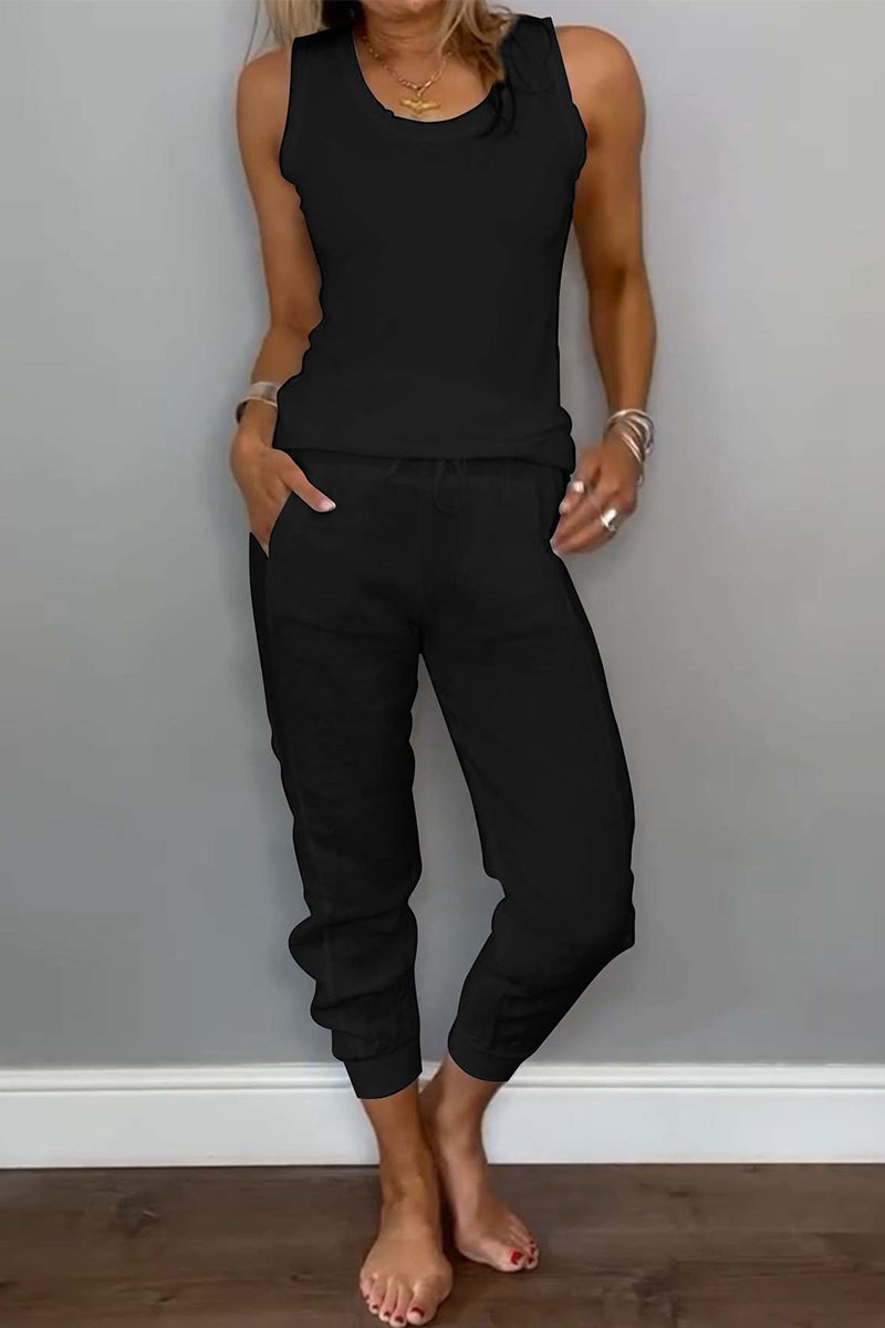 Conjunto informal de dos piezas para uso diario, color liso, con cordón, bolsillo, cuello en U, sin mangas (6 colores)