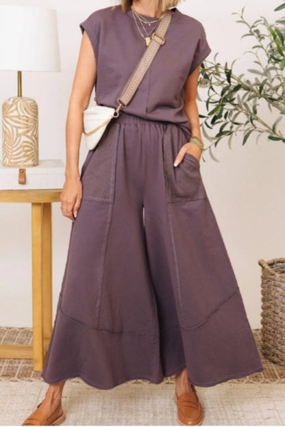 Conjunto informal de dos piezas con cuello redondo y bolsillos de color liso (7 colores)
