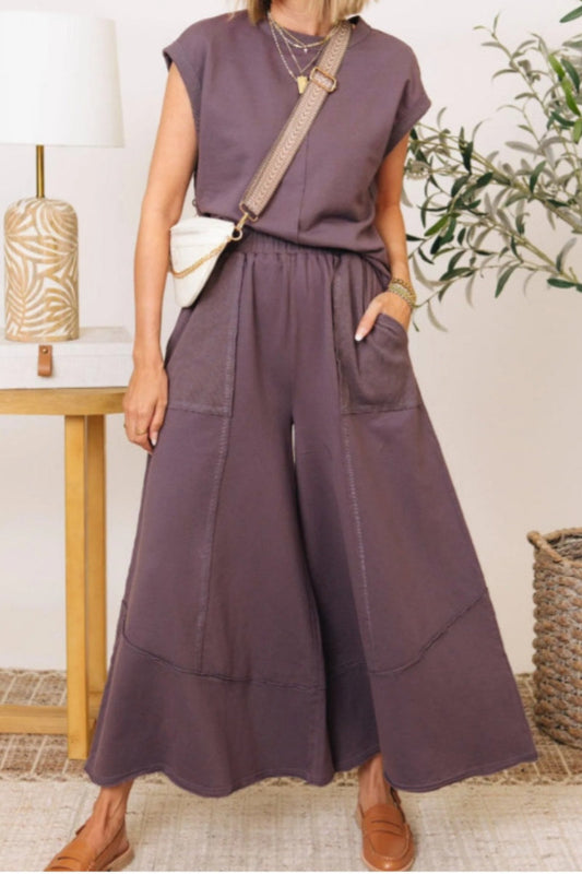 Conjunto informal de dos piezas con cuello redondo y bolsillos de color liso (7 colores)