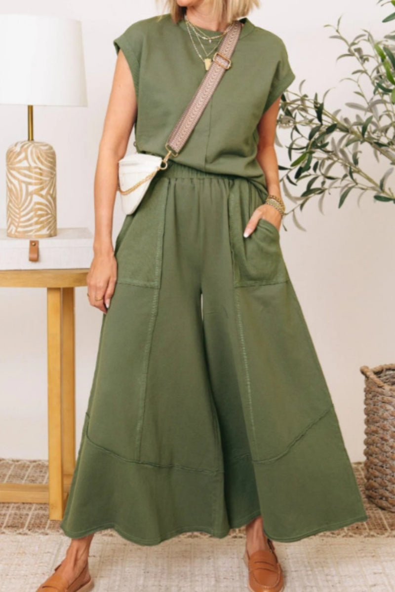 Conjunto informal de dos piezas con cuello redondo y bolsillos de color liso (7 colores)