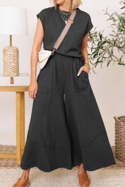 Conjunto informal de dos piezas con cuello redondo y bolsillos de color liso (7 colores)