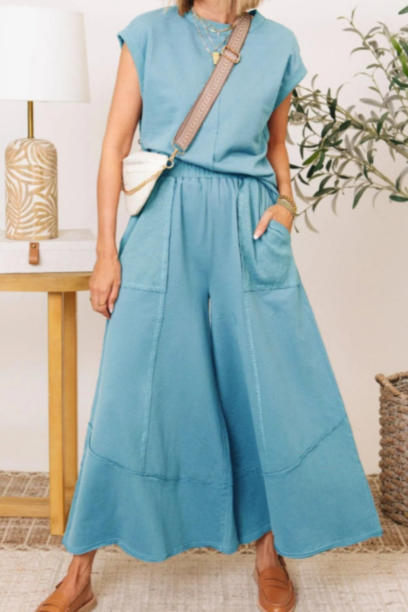 Conjunto informal de dos piezas con cuello redondo y bolsillos de color liso (7 colores)