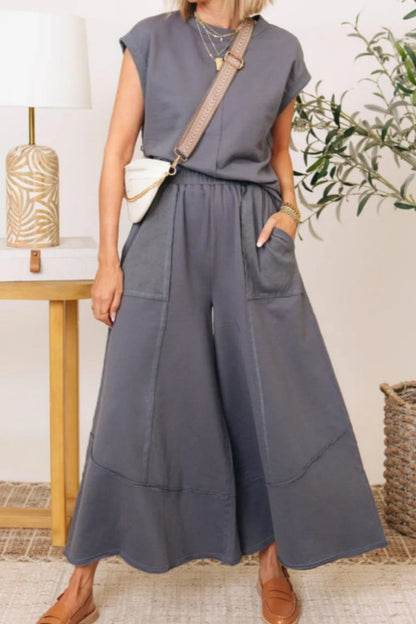 Conjunto informal de dos piezas con cuello redondo y bolsillos de color liso (7 colores)