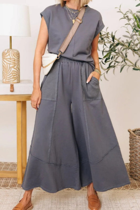 Conjunto informal de dos piezas con cuello redondo y bolsillos de color liso (7 colores)