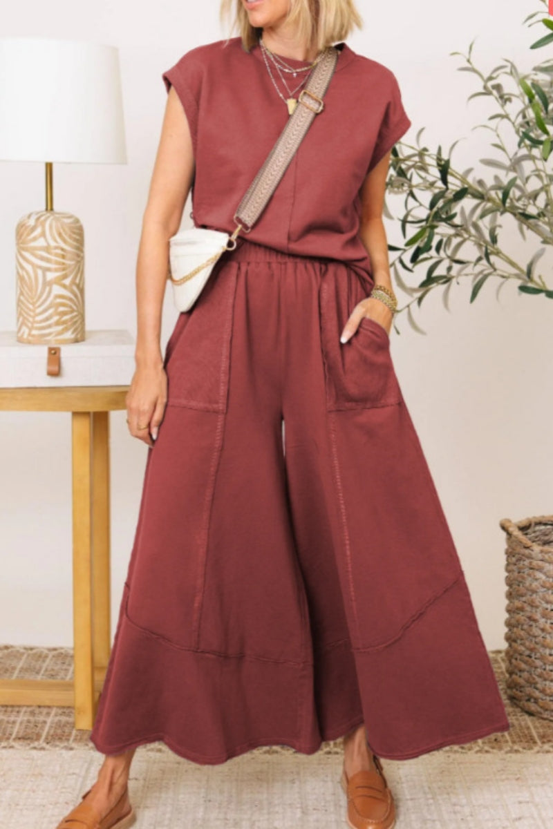 Conjunto informal de dos piezas con cuello redondo y bolsillos de color liso (7 colores)