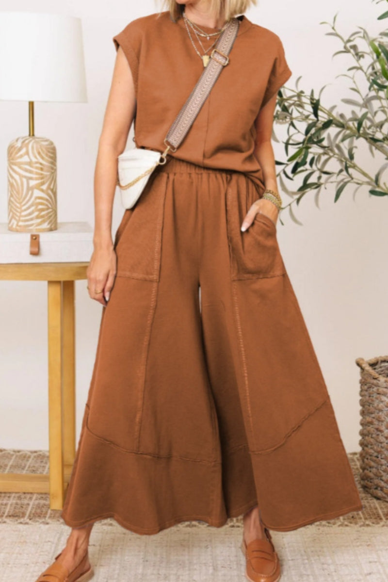 Conjunto informal de dos piezas con cuello redondo y bolsillos de color liso (7 colores)