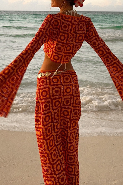 Conjunto de dos piezas de manga larga con cuello redondo y aberturas en color liso para vacaciones sexy