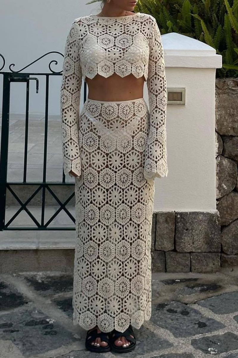 Conjunto de dos piezas de manga larga con cuello redondo y aberturas en color liso para vacaciones sexy