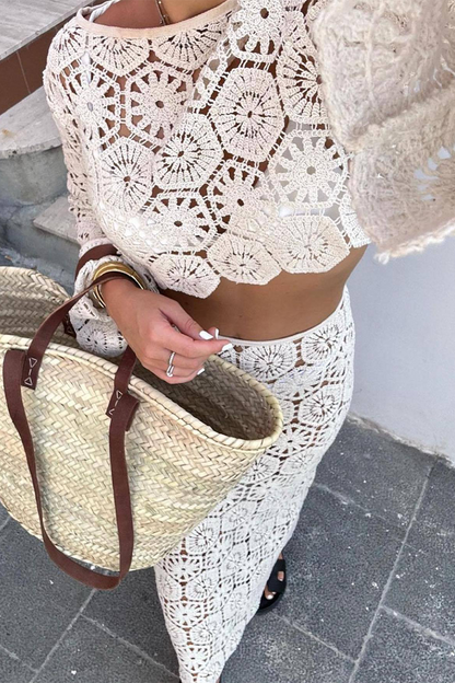 Conjunto de dos piezas de manga larga con cuello redondo y aberturas en color liso para vacaciones sexy