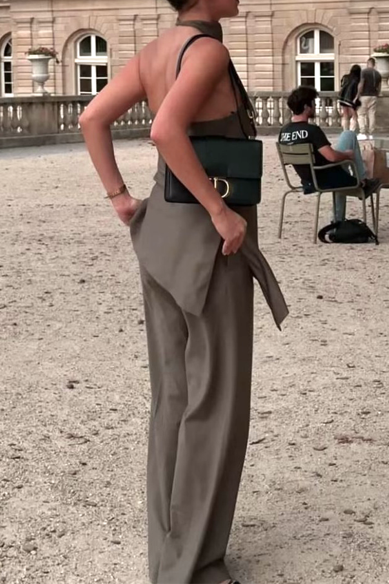Conjunto informal de dos piezas sin mangas, color sólido, espalda descubierta, irregular, estilo halter