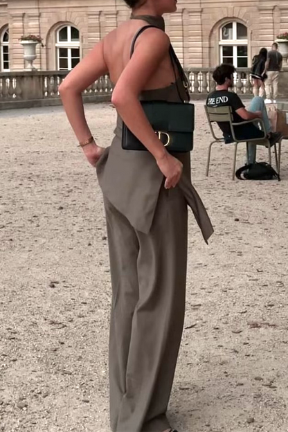 Conjunto informal de dos piezas sin mangas, color sólido, espalda descubierta, irregular, estilo halter