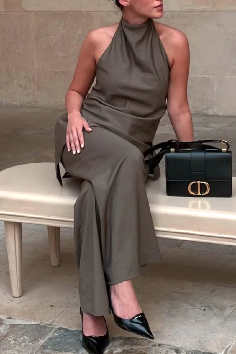Conjunto informal de dos piezas sin mangas, color sólido, espalda descubierta, irregular, estilo halter