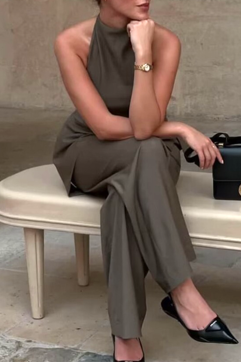 Conjunto informal de dos piezas sin mangas, color sólido, espalda descubierta, irregular, estilo halter