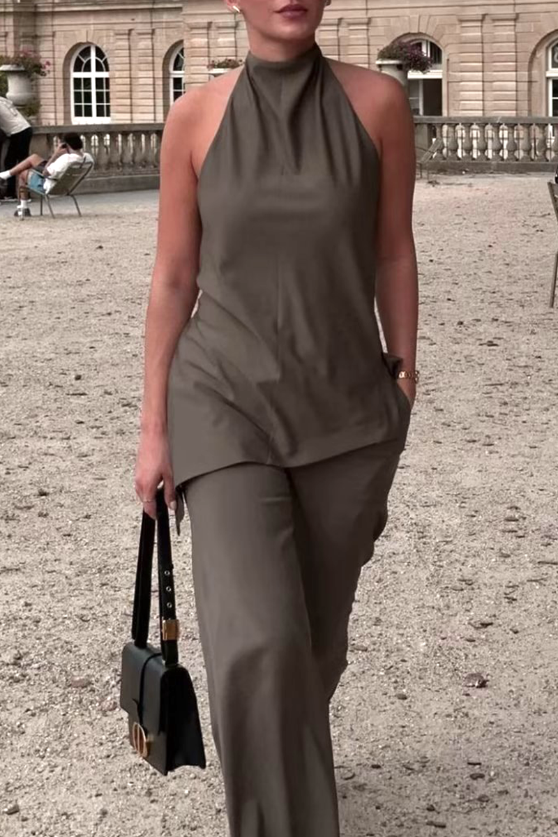 Conjunto informal de dos piezas sin mangas, color sólido, espalda descubierta, irregular, estilo halter