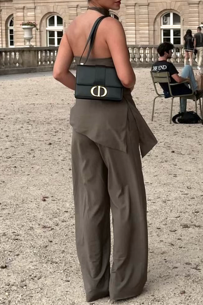 Conjunto informal de dos piezas sin mangas, color sólido, espalda descubierta, irregular, estilo halter