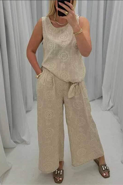 Conjunto informal de dos piezas sin mangas con cuello redondo y bolsillos calados de color sólido para uso diario