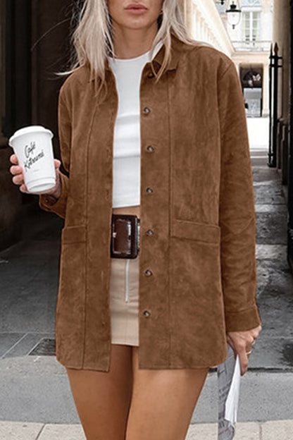 Casual Street Solid Color Pocket Buttons Turndown Collar Outerwear