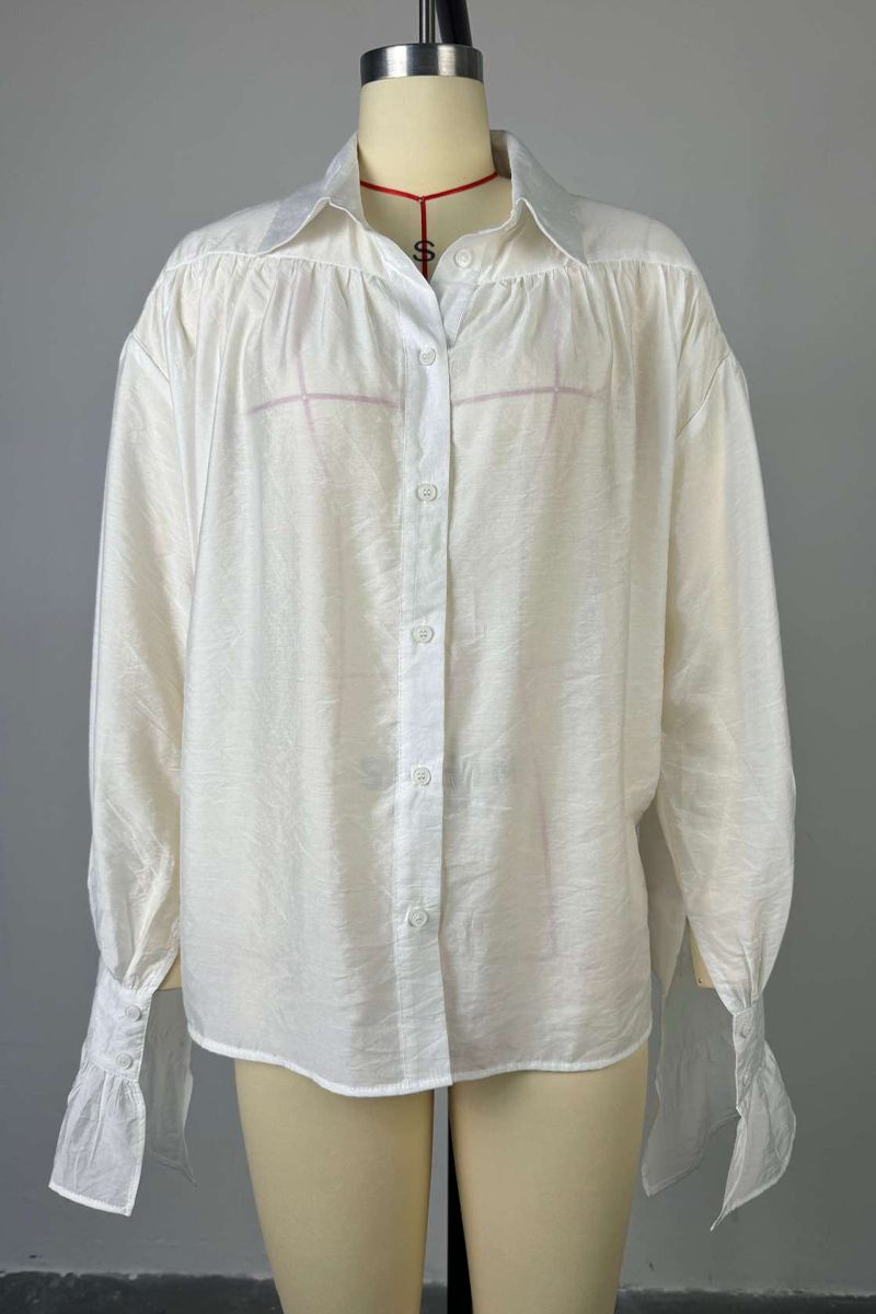 Blusas casuales de calle con botones de color liso y cuello vuelto transparentes