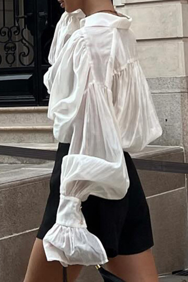 Blusas casuales de calle con botones de color liso y cuello vuelto transparentes