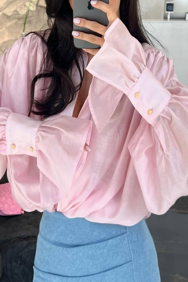 Blusas casuales de calle con botones de color liso y cuello vuelto transparentes