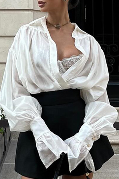 Blusas casuales de calle con botones de color liso y cuello vuelto transparentes