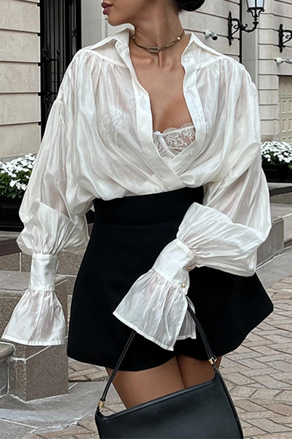 Blusas casuales de calle con botones de color liso y cuello vuelto transparentes