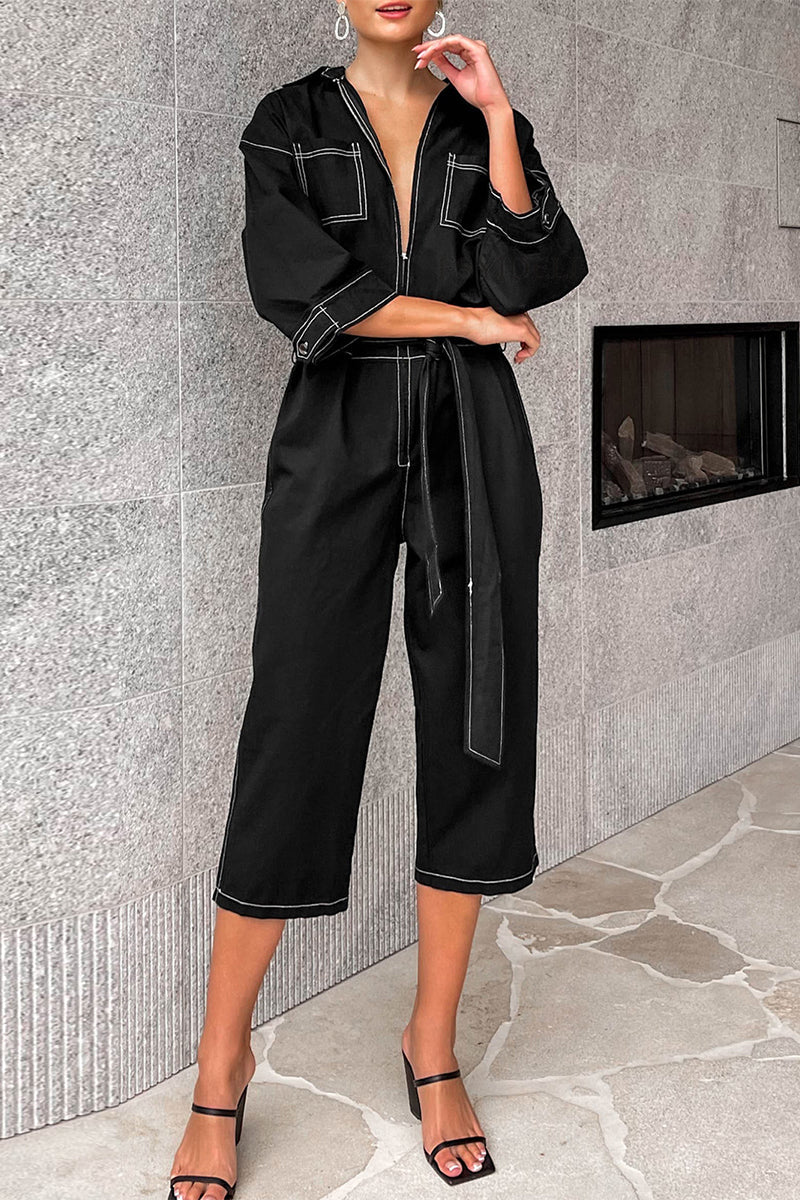 Monos holgados informales de color sólido con cordones y cuello vuelto de patchwork