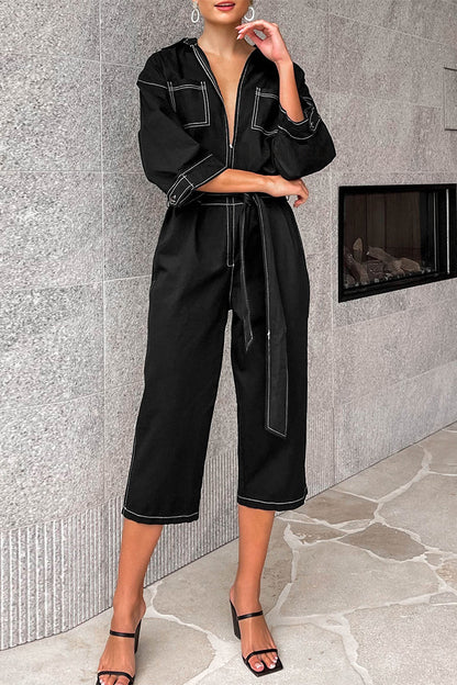 Monos holgados informales de color sólido con cordones y cuello vuelto de patchwork