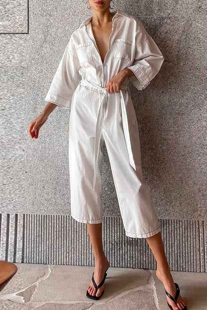 Monos holgados informales de color sólido con cordones y cuello vuelto de patchwork