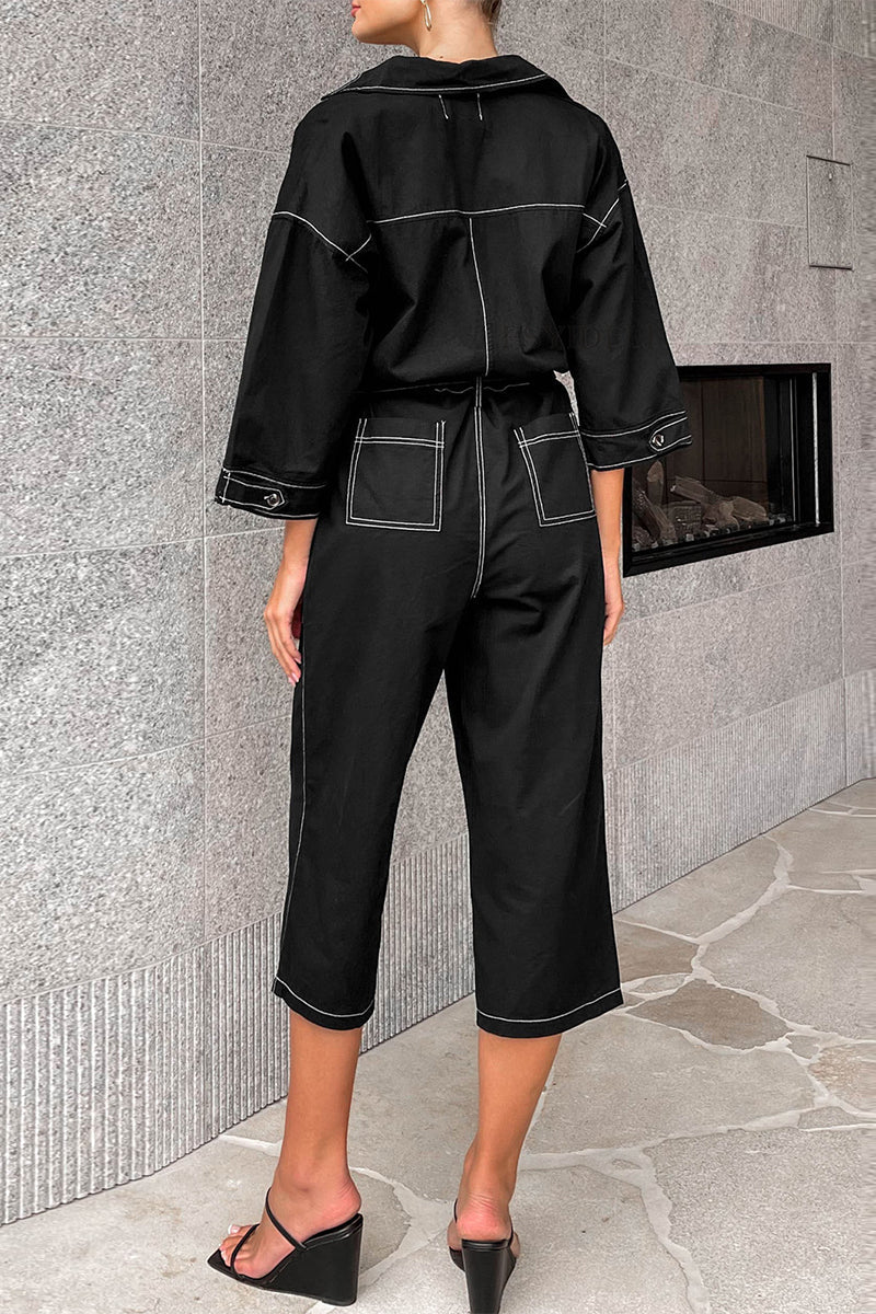 Monos holgados informales de color sólido con cordones y cuello vuelto de patchwork