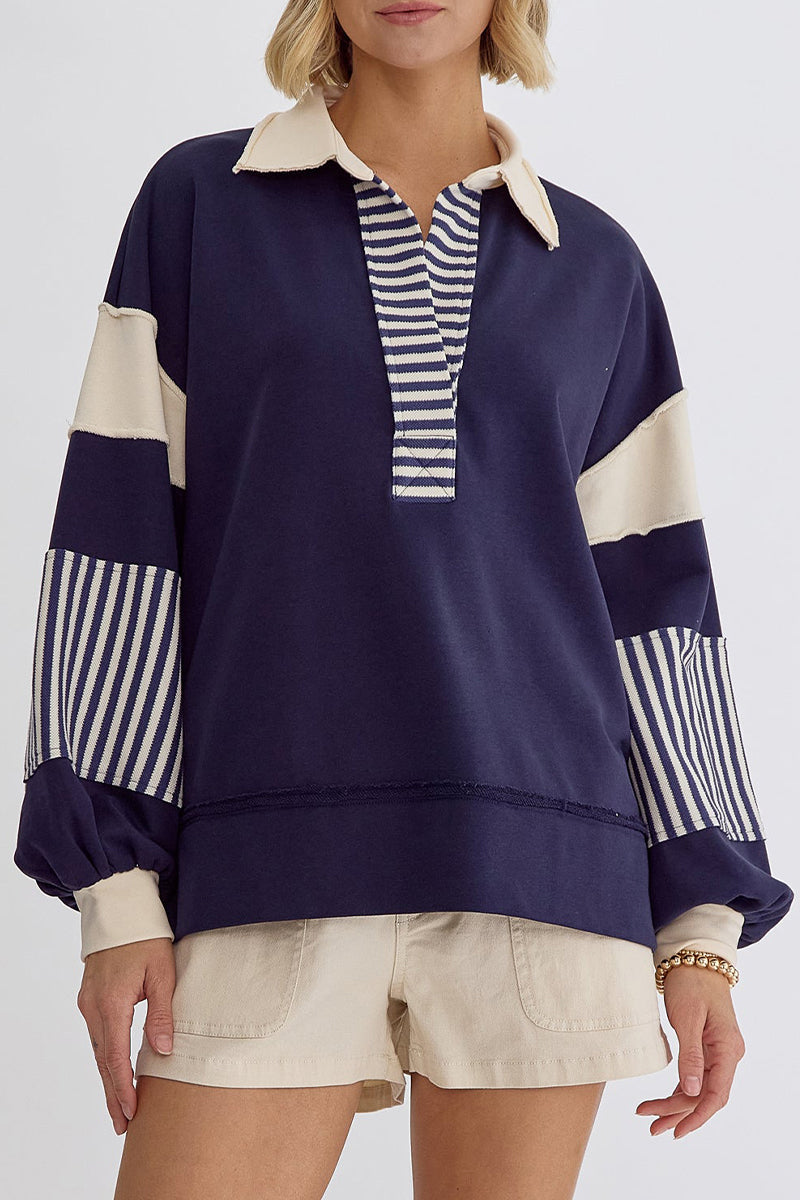 Sudadera informal con cuello vuelto, rayas y patchwork en contraste (8 colores)