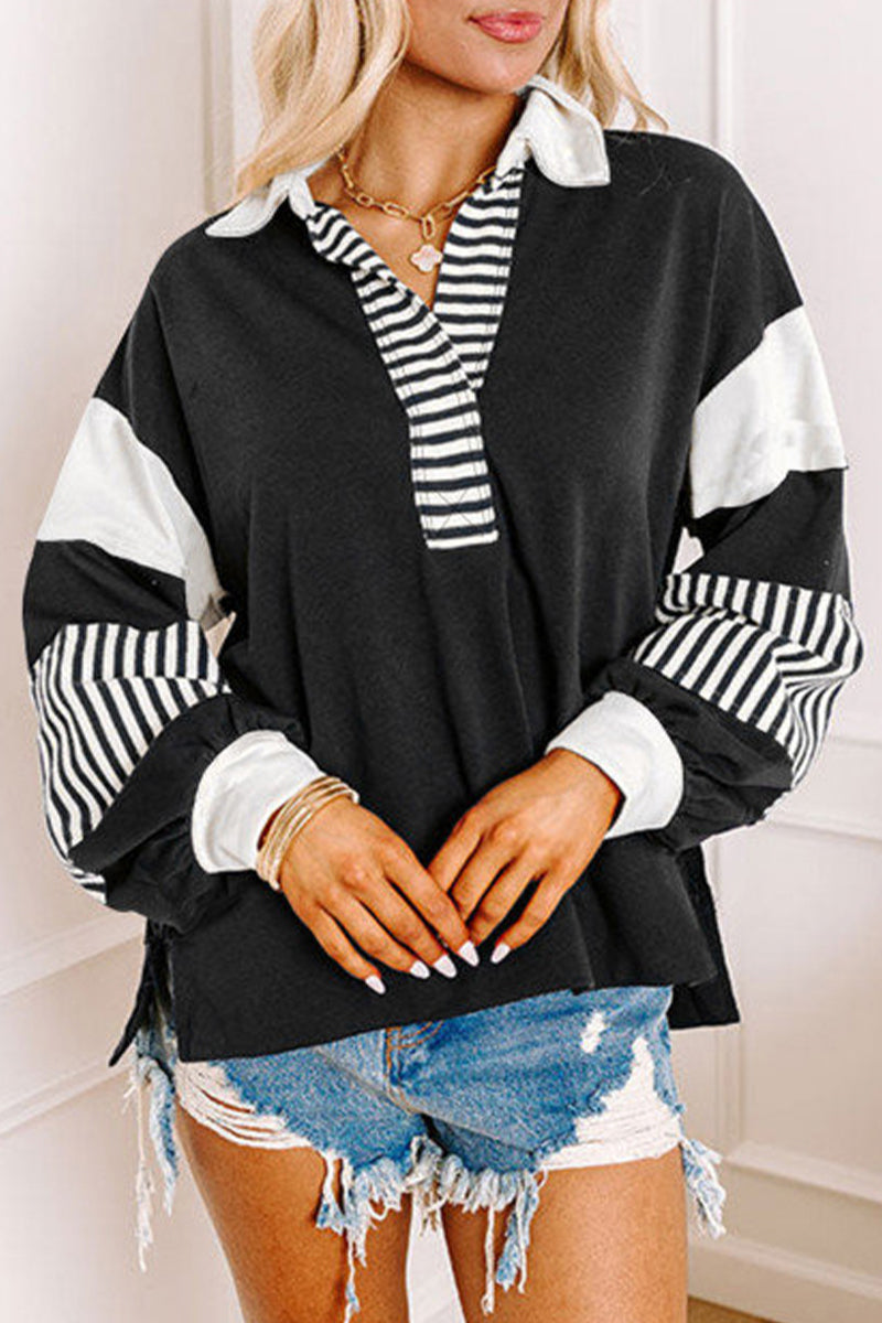 Sudadera informal con cuello vuelto, rayas y patchwork en contraste (8 colores)