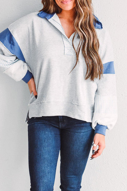 Sudadera informal con cuello vuelto, rayas y patchwork en contraste (8 colores)
