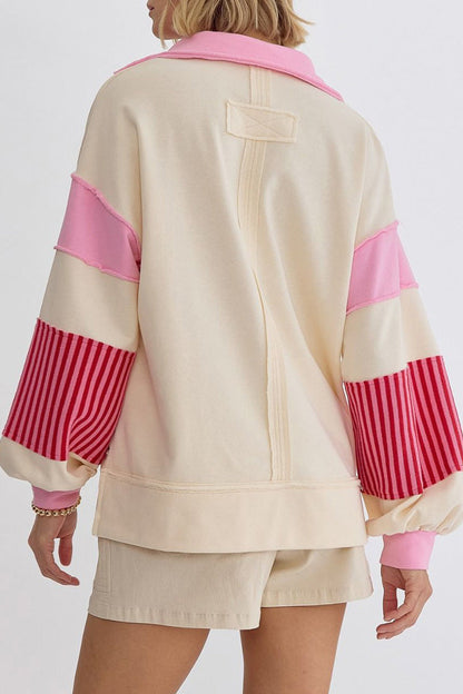 Sudadera informal con cuello vuelto, rayas y patchwork en contraste (8 colores)