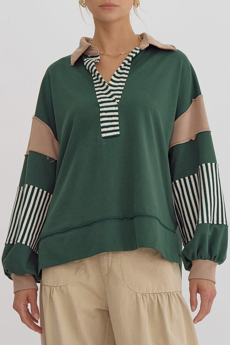 Sudadera informal con cuello vuelto, rayas y patchwork en contraste (8 colores)