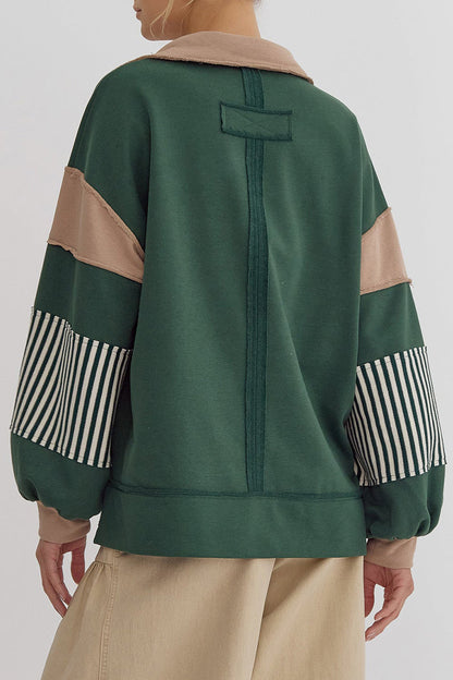 Casual Street Stripe Patchwork Contrast Turndown Collar Tops