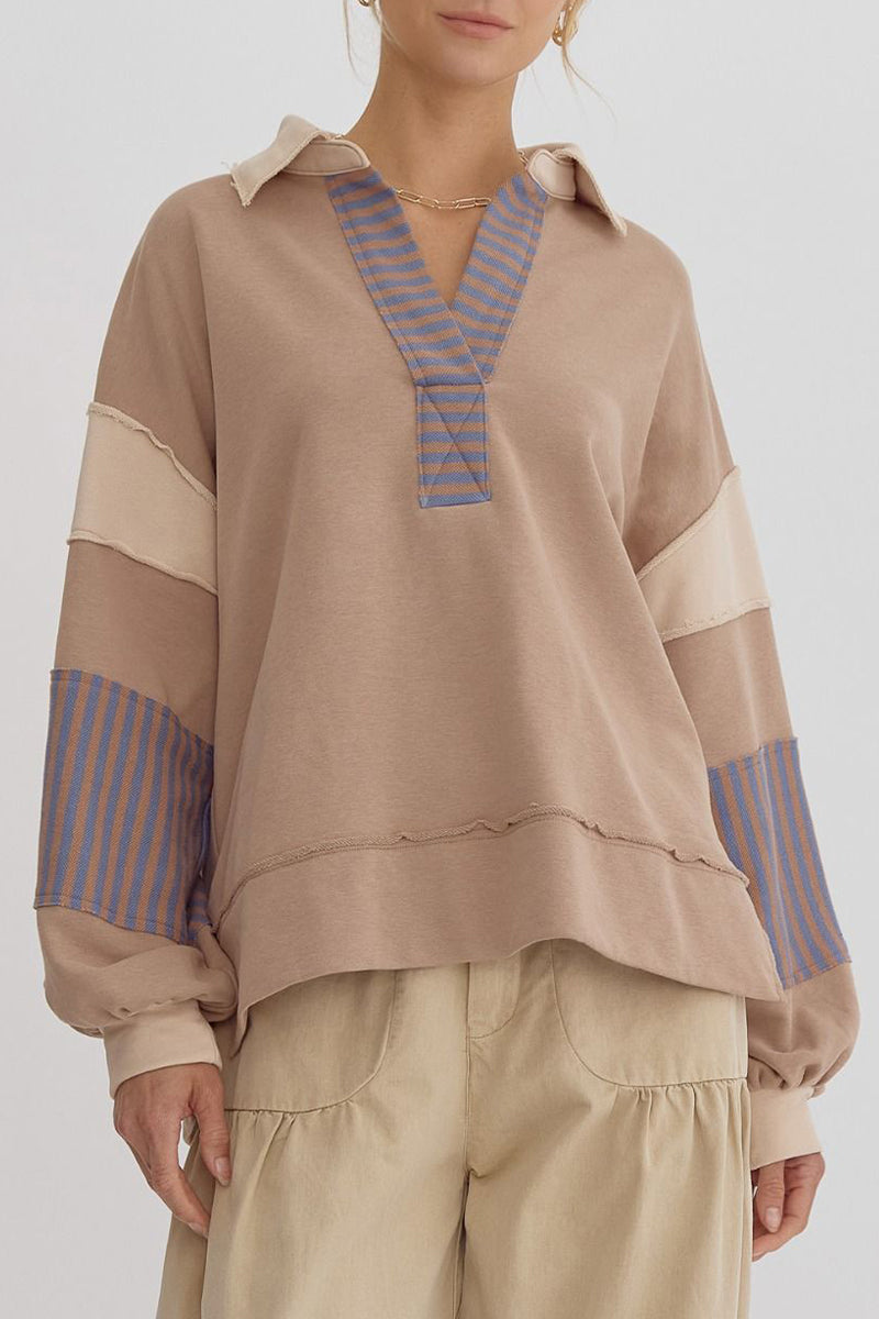 Sudadera informal con cuello vuelto, rayas y patchwork en contraste (8 colores)