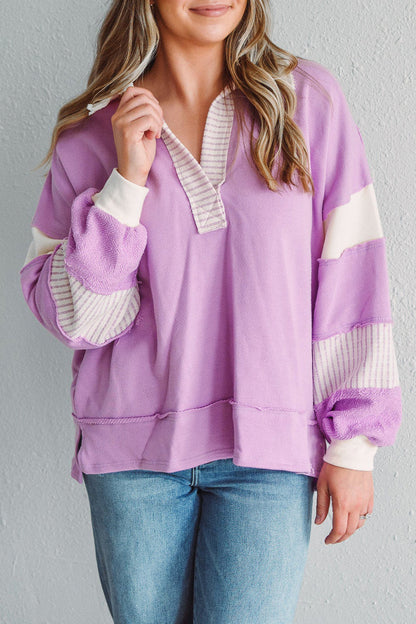 Sudadera informal con cuello vuelto, rayas y patchwork en contraste (8 colores)