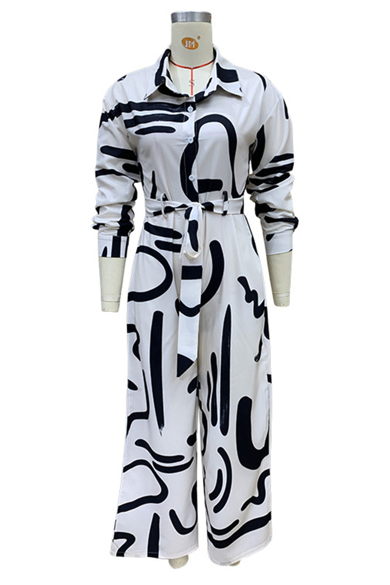 Mono holgado informal con cuello vuelto, cordones y estampado geométrico urbano