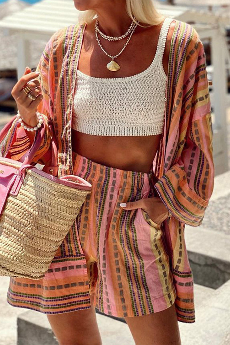 Cárdigan informal de manga larga con cuello de bolsillo y estampado a rayas para uso diario, dos piezas