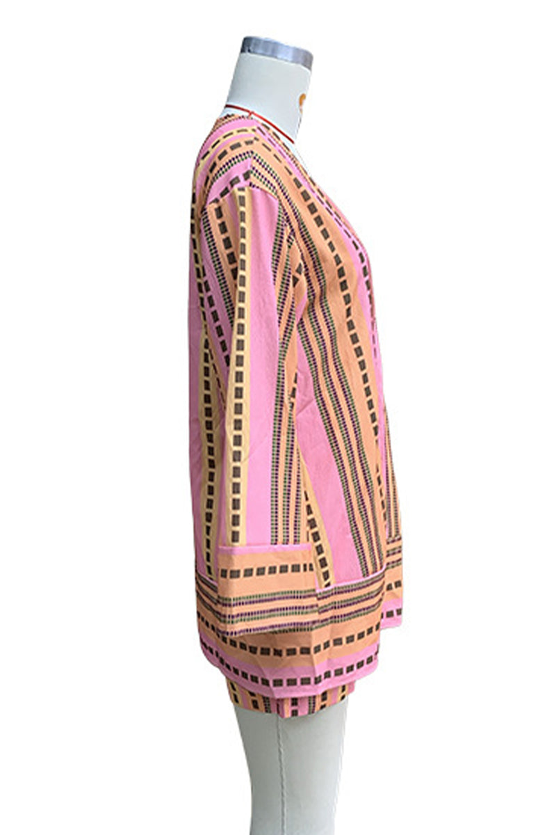 Cárdigan informal de manga larga con cuello de bolsillo y estampado a rayas para uso diario, dos piezas